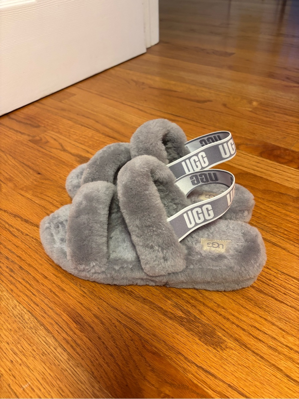 UGG Kids Gray Fluff Slide with Branded Heel Strap